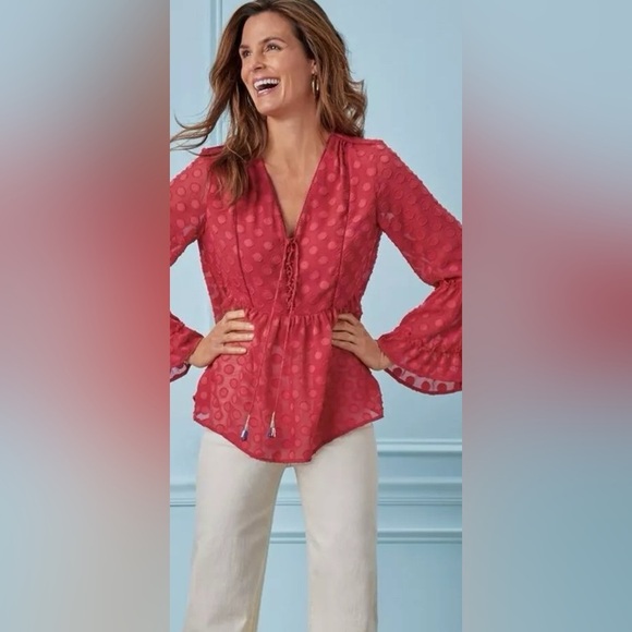 Soft Surroundings Besito Blouse Womens Size 2X Red Polka Dot Bell Sleeve - Picture 1 of 12